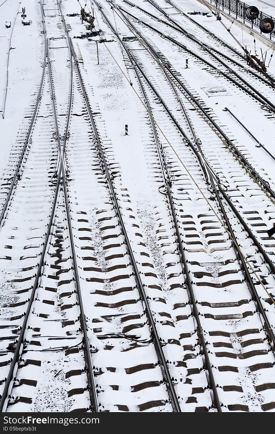 Background of railway lines in winter in Simferopol, Crimea, Ukraine