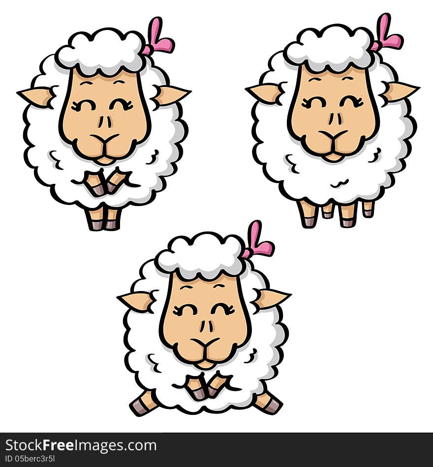 Vector illustration of funny cartoon white sheep in three poses. Vector illustration of funny cartoon white sheep in three poses