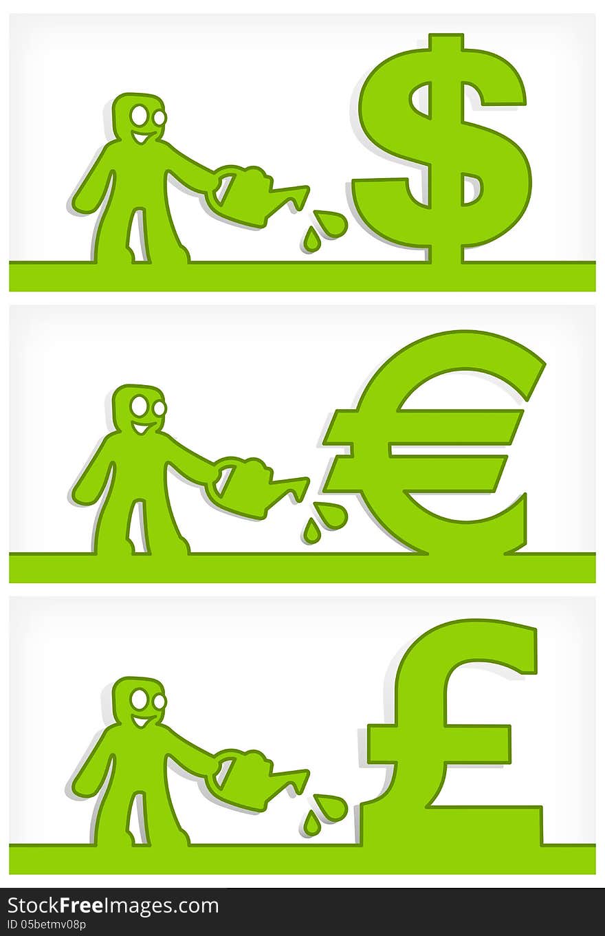 Cartoon human and money signs, business growth concept, vector illustration