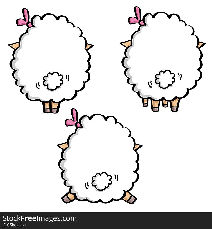 Vector illustration of funny cartoon white sheep in three poses. back view. Vector illustration of funny cartoon white sheep in three poses. back view