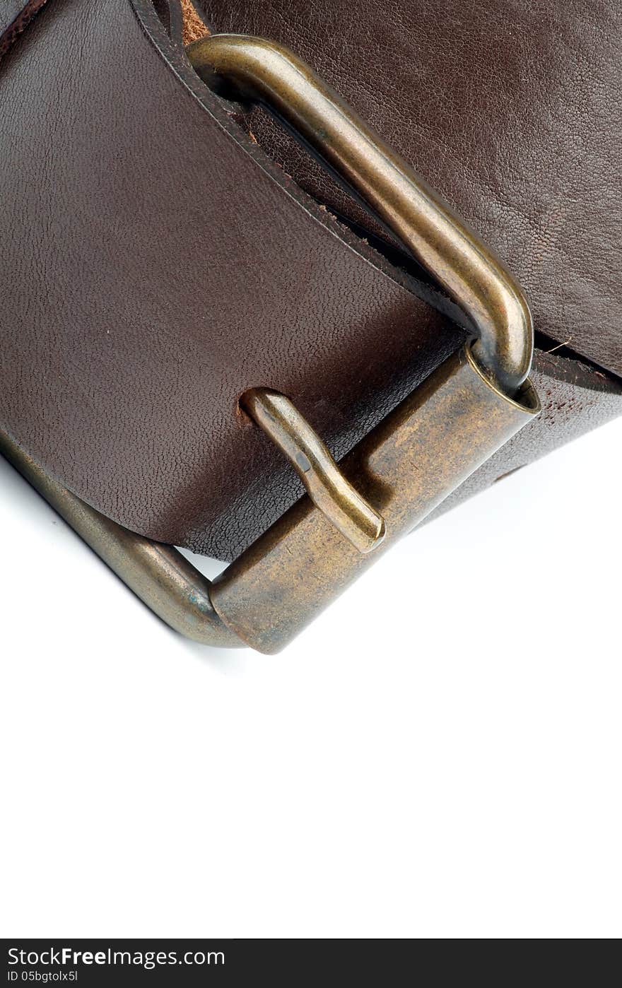 Bronze Buckle on Brown Male Belt as Frame closeup on white background