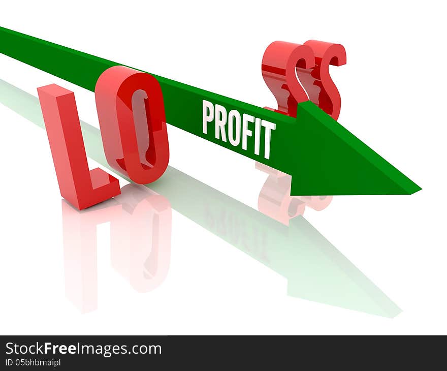 Arrow with word Profit breaks word Loss. Concept 3D illustration.