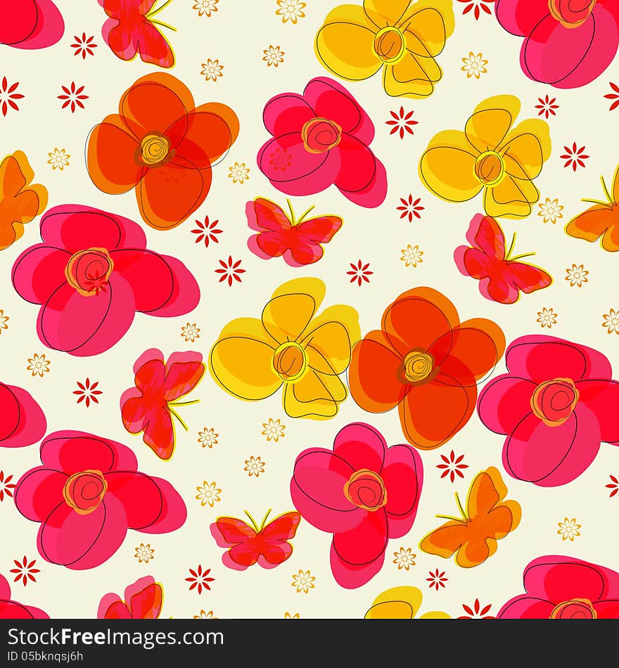 Simple vector seamless pattern with flowers and butterflies. Simple vector seamless pattern with flowers and butterflies.