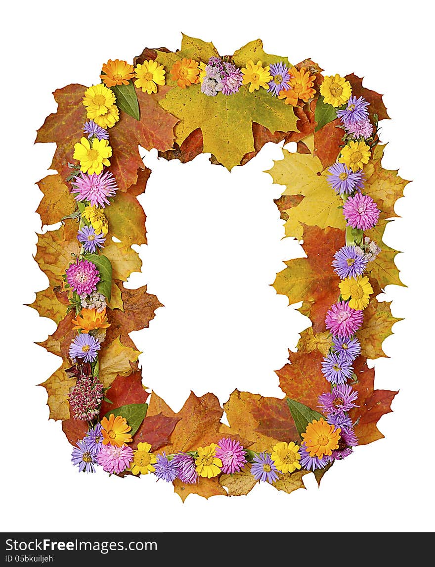 Autumn frame with maple leaves and colorful flowers isolated on white background