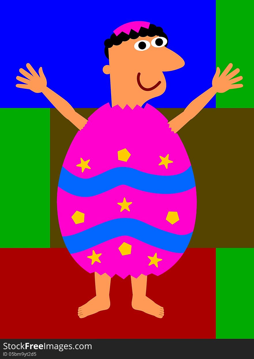 An illustration of a man dressed like a colorful easter egg. An illustration of a man dressed like a colorful easter egg