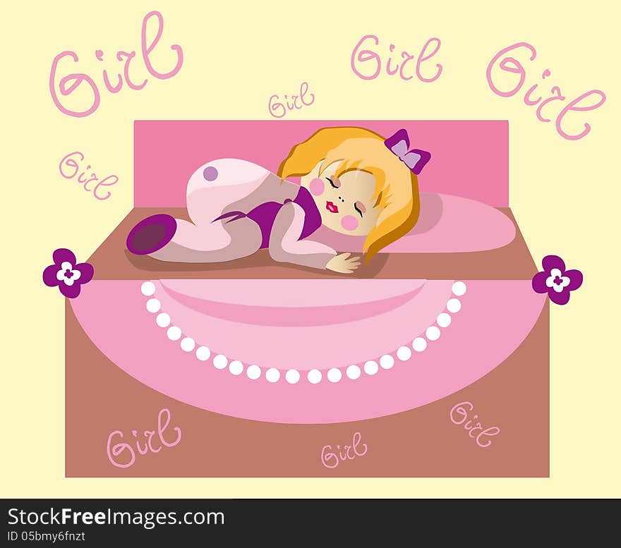 Vector illustration of cute little baby girl sleeping in her pink bed. Vector illustration of cute little baby girl sleeping in her pink bed