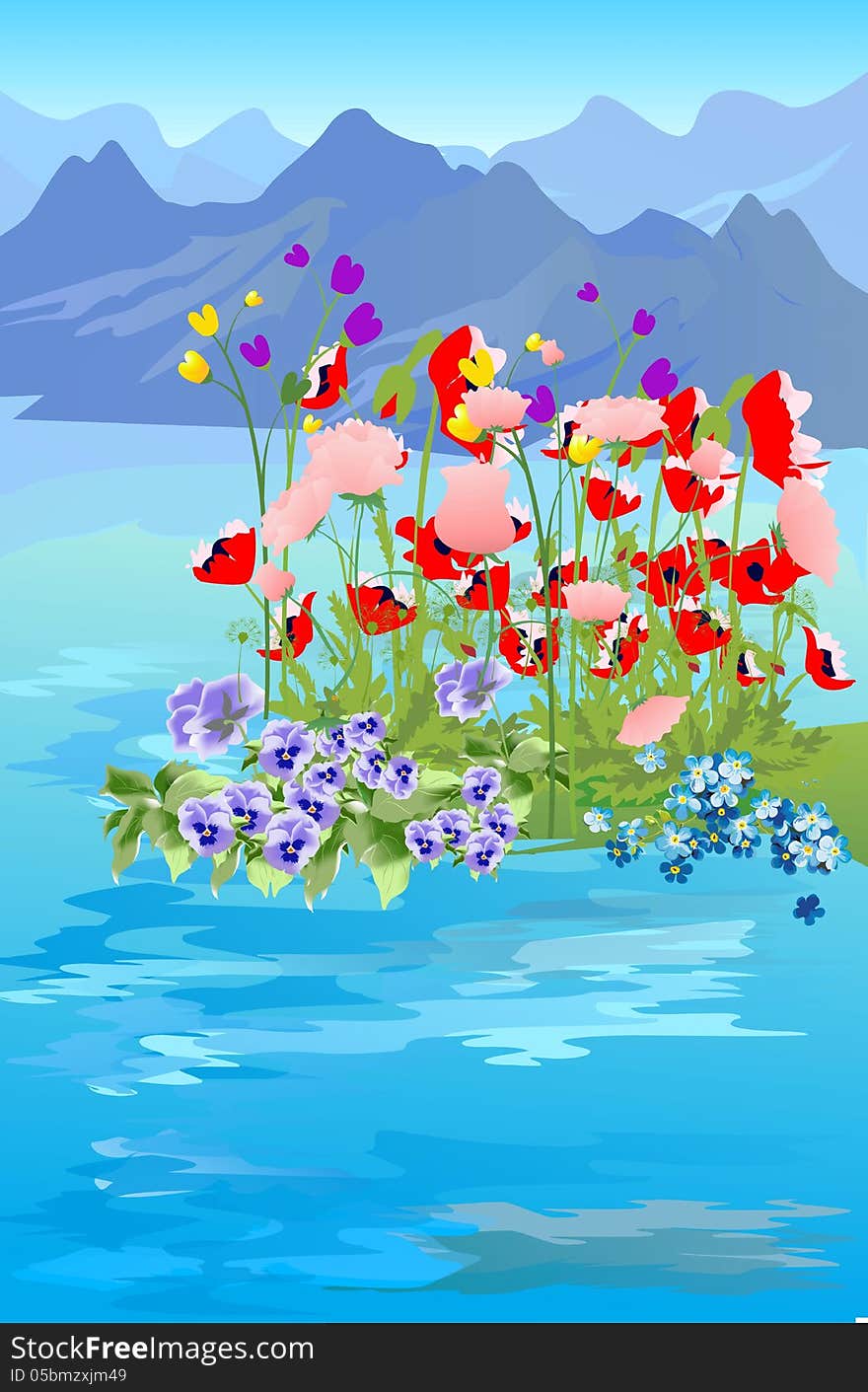 Landscape of mountains and lakes with blooming flowers. Landscape of mountains and lakes with blooming flowers