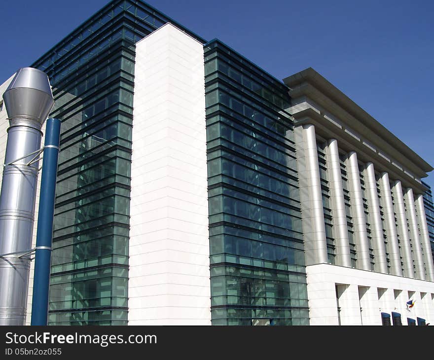 Modern building with steel columns and glass windows