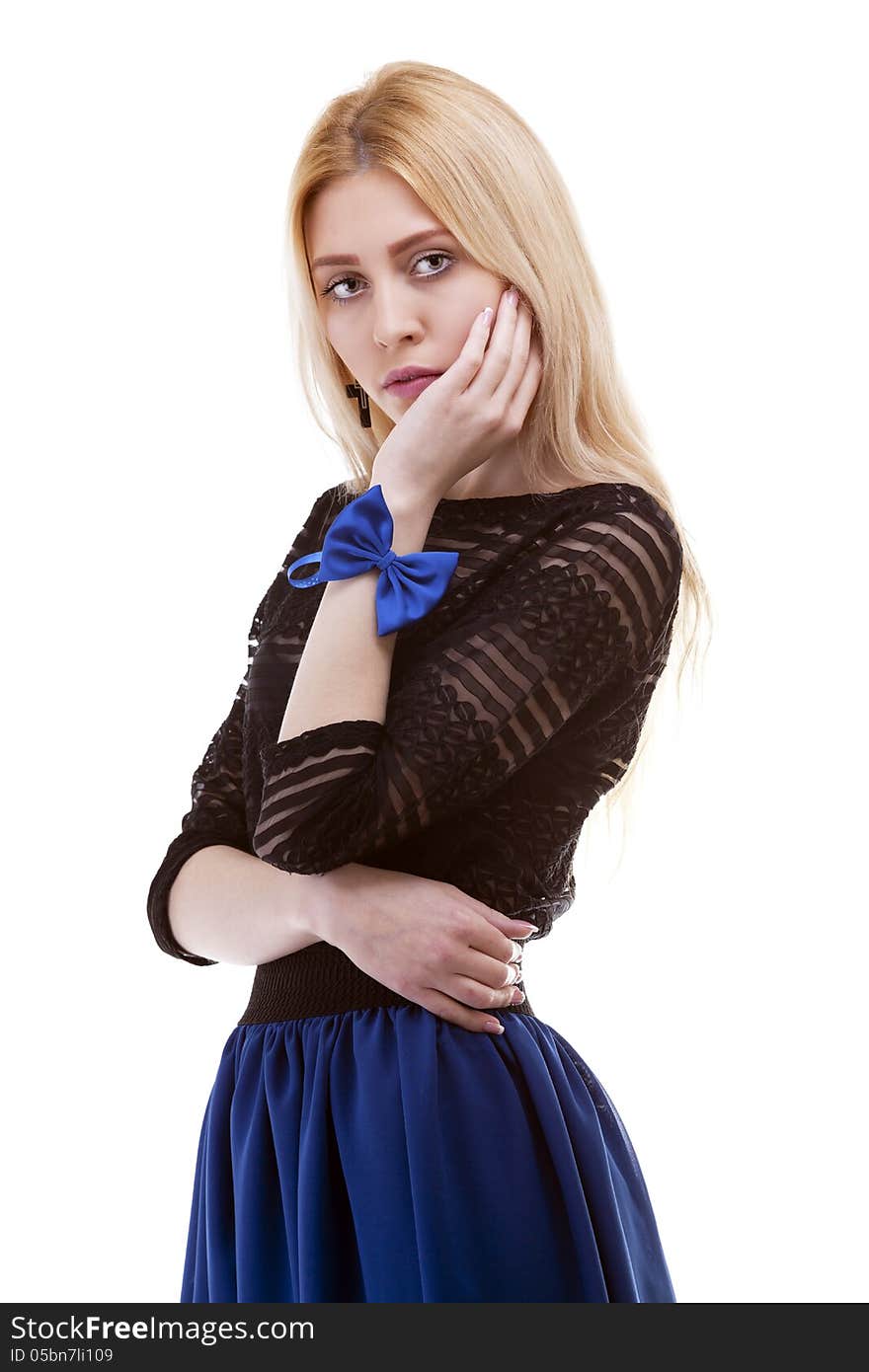 Beautiful girl with a bow at her hand isolated on white background studio shot. Beautiful girl with a bow at her hand isolated on white background studio shot