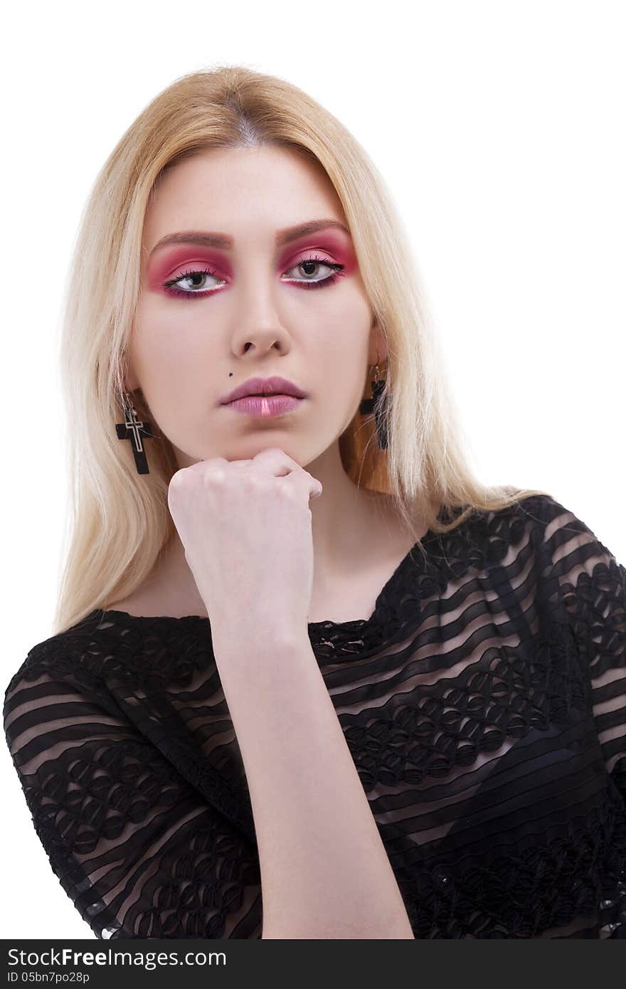 Close up portrait of a girl with artistic make up isolated on white background