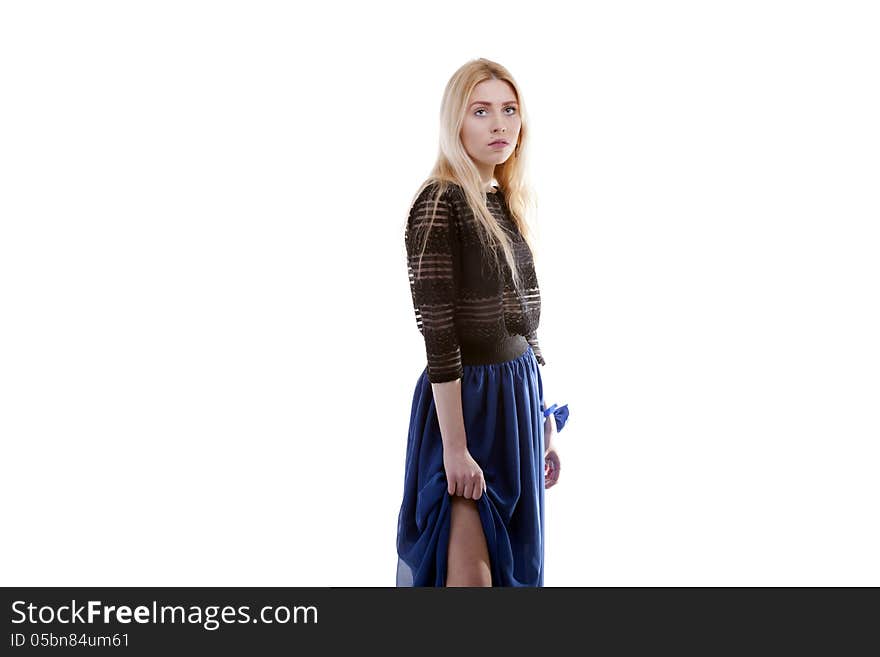 Young caucasian girl wearing a bow at her hand isolated on white background studio shot