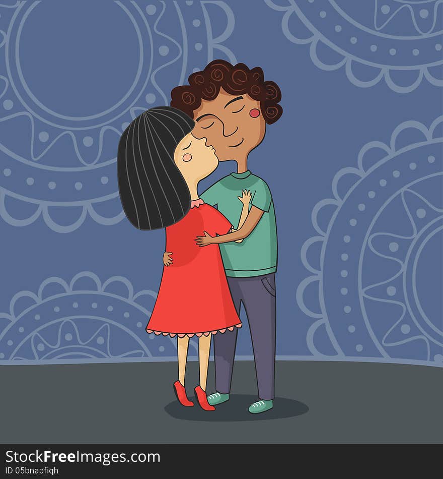 Illustration of multicultural boy and girl kissing on the cheek in hugs