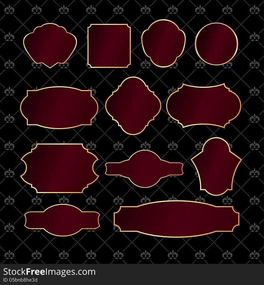 Set of vintage golden frames on black damask background