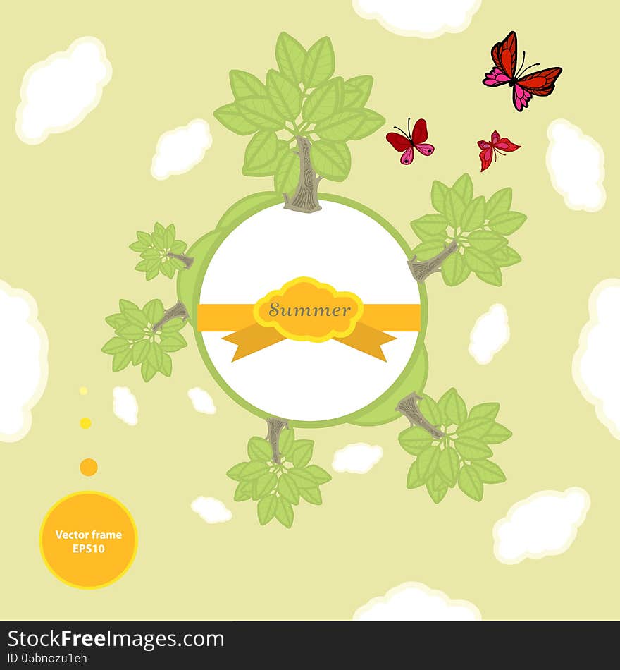 Vector illustration of summer round frame whith trees, clouds and butterflies. Vector illustration of summer round frame whith trees, clouds and butterflies