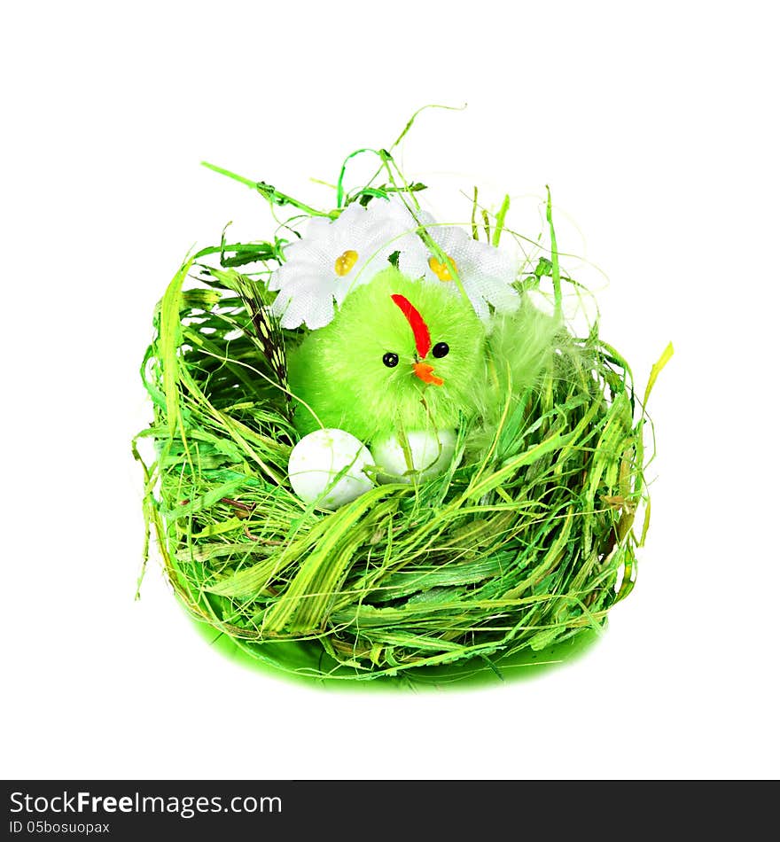 Easter eggs and bird in green grass nest with daisies isolated on white background