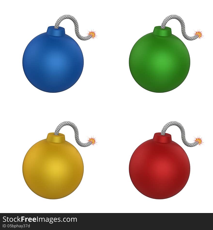 3D model of bomb in four color set isolated on white. 3D model of bomb in four color set isolated on white