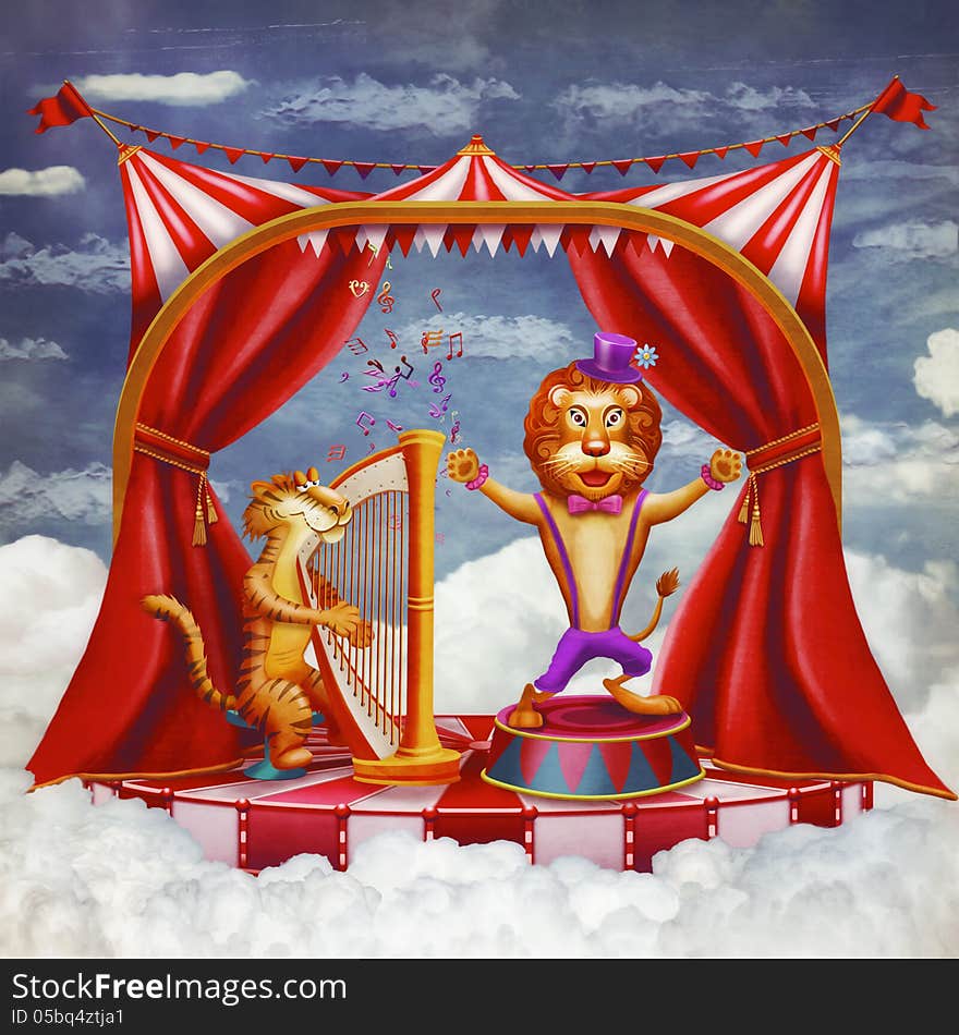 Illustration of a circus with tent and various characters. Illustration of a circus with tent and various characters