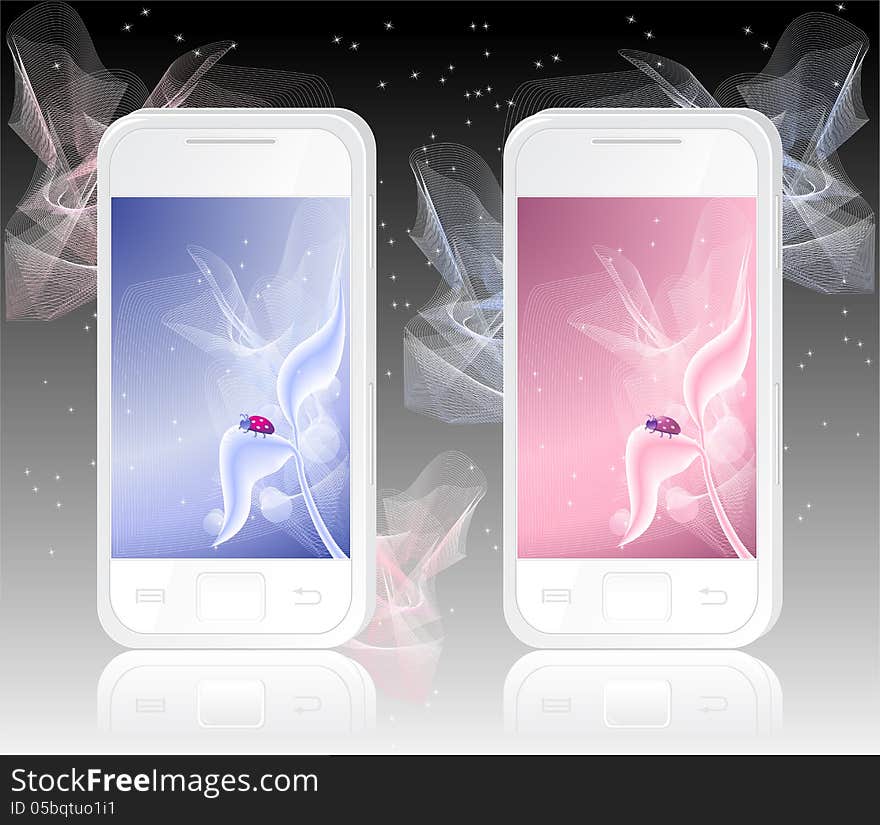 Two white mobile phones with ladybird on abstract blue and pink Backgrounds for women or girls. Two white mobile phones with ladybird on abstract blue and pink Backgrounds for women or girls