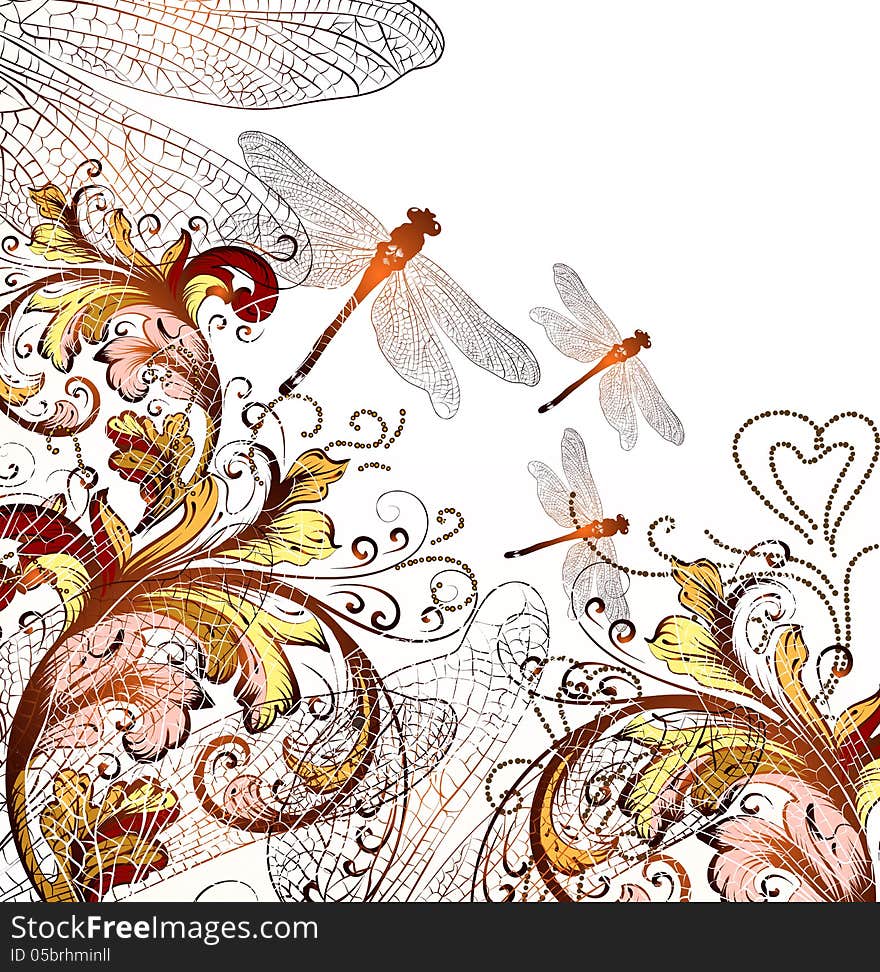 Cute Floral Hand Drawn Background With Ornament  And  Dragonfly