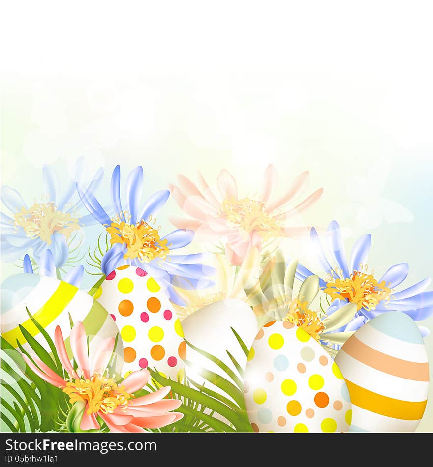 Easter  outdoor background with clear space, eggs and green gras