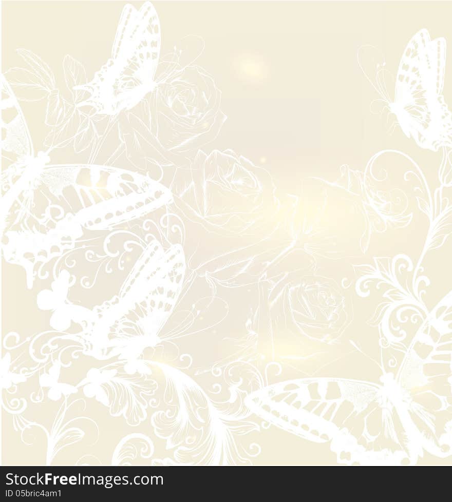 Elegant wedding background with roses and butterflies