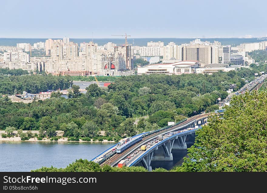 Kiev, Ukraine, the bridge over the Dnieper, the left bank. Kiev, Ukraine, the bridge over the Dnieper, the left bank