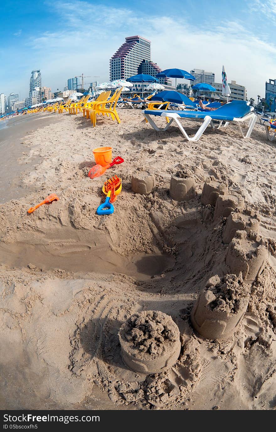 Children S Toys In The Sand At The Beach.