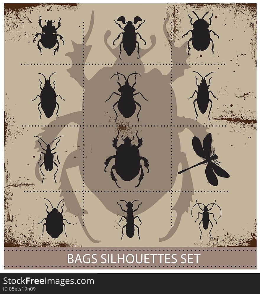 Insect and bags silhouettes sign black color