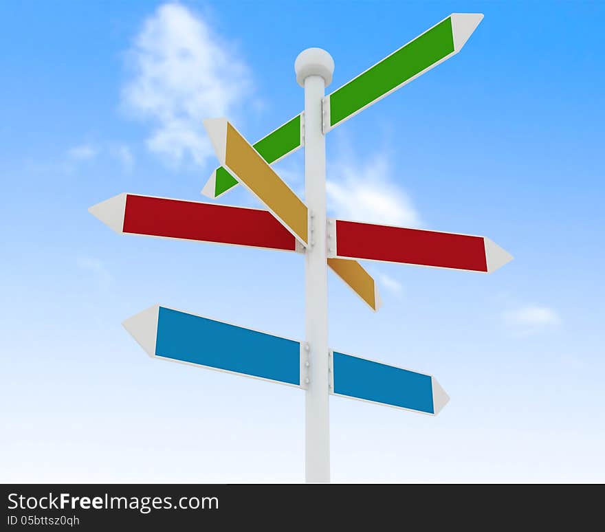 Direction road signs on blue sky background. 3d render illustration. Direction road signs on blue sky background. 3d render illustration