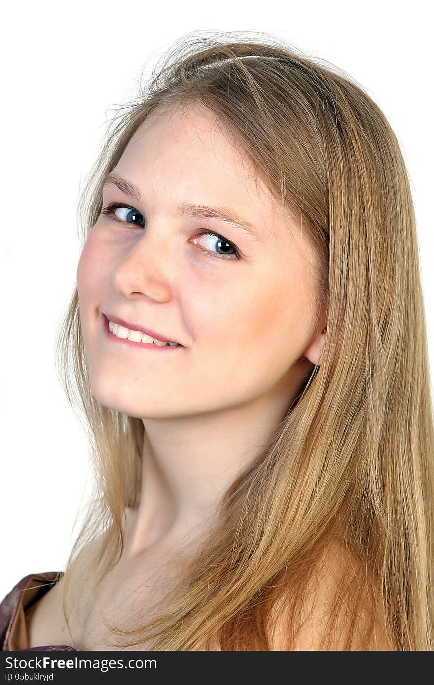 Close-up studio portrait of young cute woman. Isolated on white background. Close-up studio portrait of young cute woman. Isolated on white background