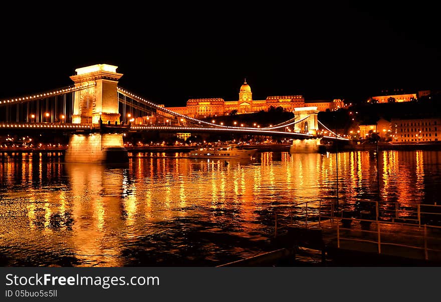 Gorgeously lit Elisabeth bridge under the dark silent sky at midnight in Budapest. Gorgeously lit Elisabeth bridge under the dark silent sky at midnight in Budapest.