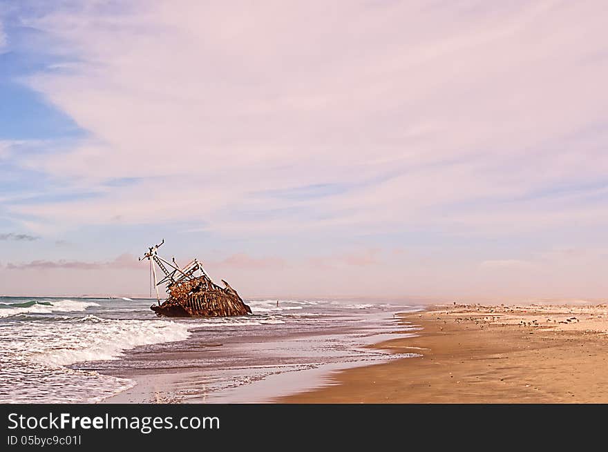 Ship wreck on sea , western sahara coast