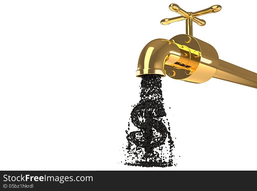 Oil from the golden pipe on a white background isolated