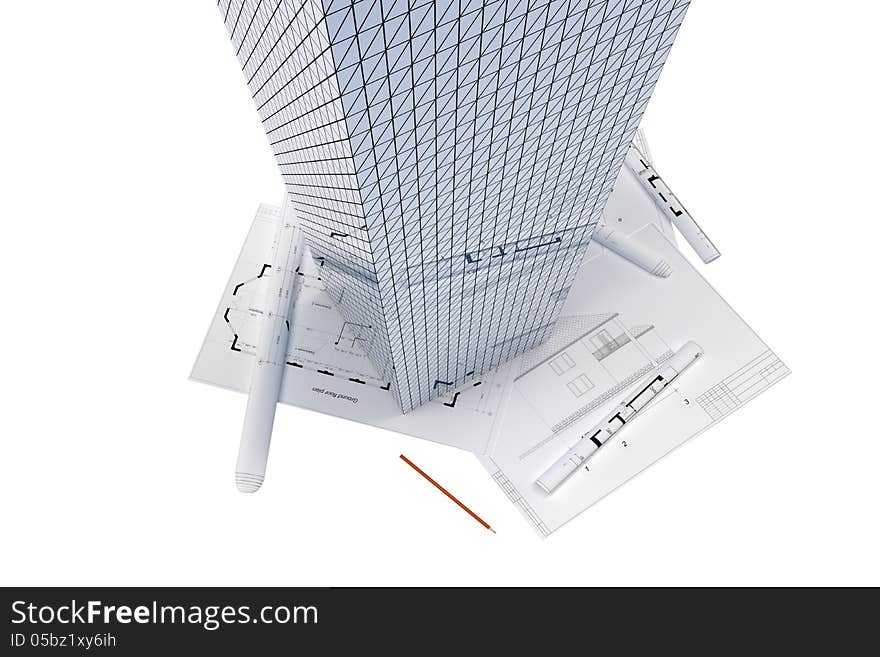 Architectural drawings and the skyscraper on a white background with reflections. Architectural drawings and the skyscraper on a white background with reflections