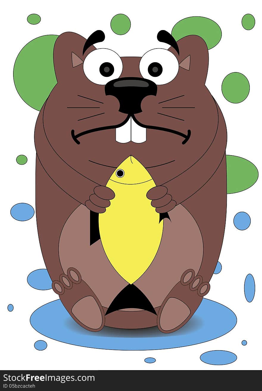 Children's illustration / beaver holds in paws a gold fish. Children's illustration / beaver holds in paws a gold fish