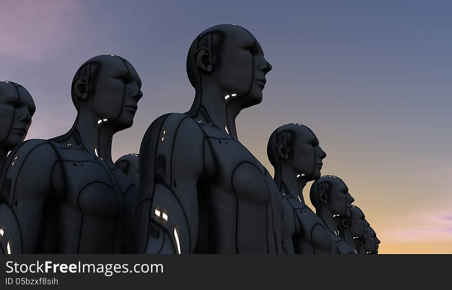 3d futuristic design. Humanoid figures and sky