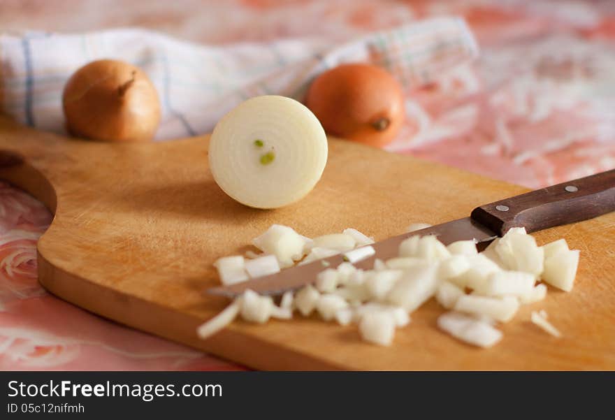 Sliced onions on the table