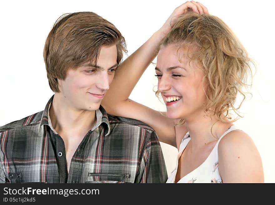 Portrait of young happy caucasian couple. Isolated on white background. Portrait of young happy caucasian couple. Isolated on white background