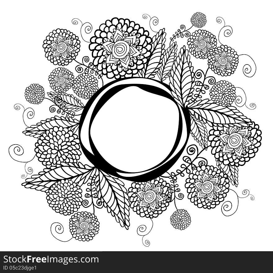 Vector graphic illustration with beautiful black and white stylized flowers around the frame. Vector graphic illustration with beautiful black and white stylized flowers around the frame