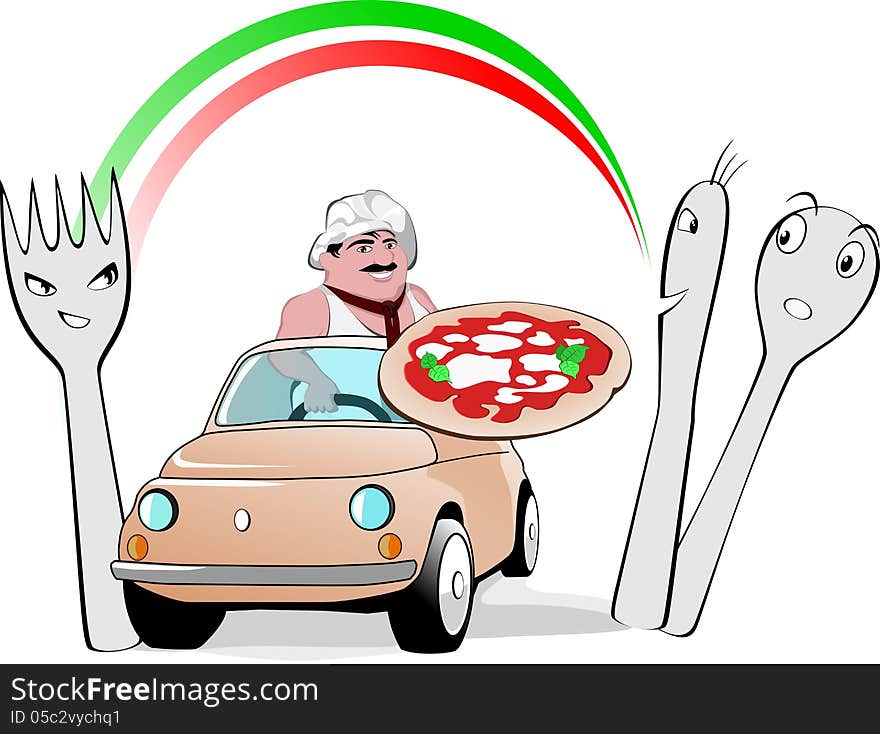 Funny illustration about typical pizza man driving in the middle of the cutlery under an italian rainbow. Funny illustration about typical pizza man driving in the middle of the cutlery under an italian rainbow