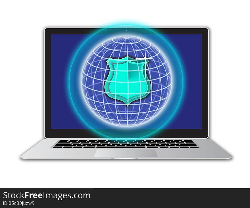 An image for the concept of secure delivery of email data when it is transfer over the internet using a laptop computer. The image shows a secure sphere network and a shield symbol inside the net positioned over a laptop keyboard. An image for the concept of secure delivery of email data when it is transfer over the internet using a laptop computer. The image shows a secure sphere network and a shield symbol inside the net positioned over a laptop keyboard.