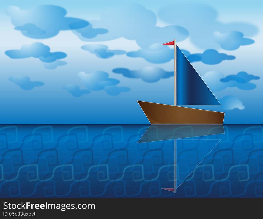 Ship with a sail on water surface with pale blue clouds. Ship with a sail on water surface with pale blue clouds