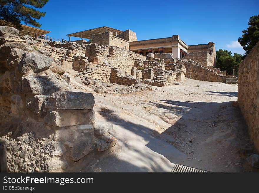 Knossos palace at Crete, Greece, is the largest Bronze Age archaeological site on Crete. Knossos palace at Crete, Greece, is the largest Bronze Age archaeological site on Crete