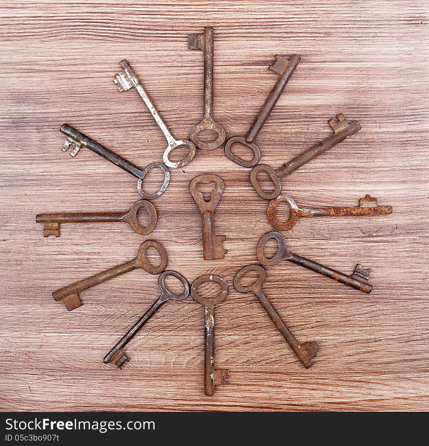 Old rusty keys on a wooden surface