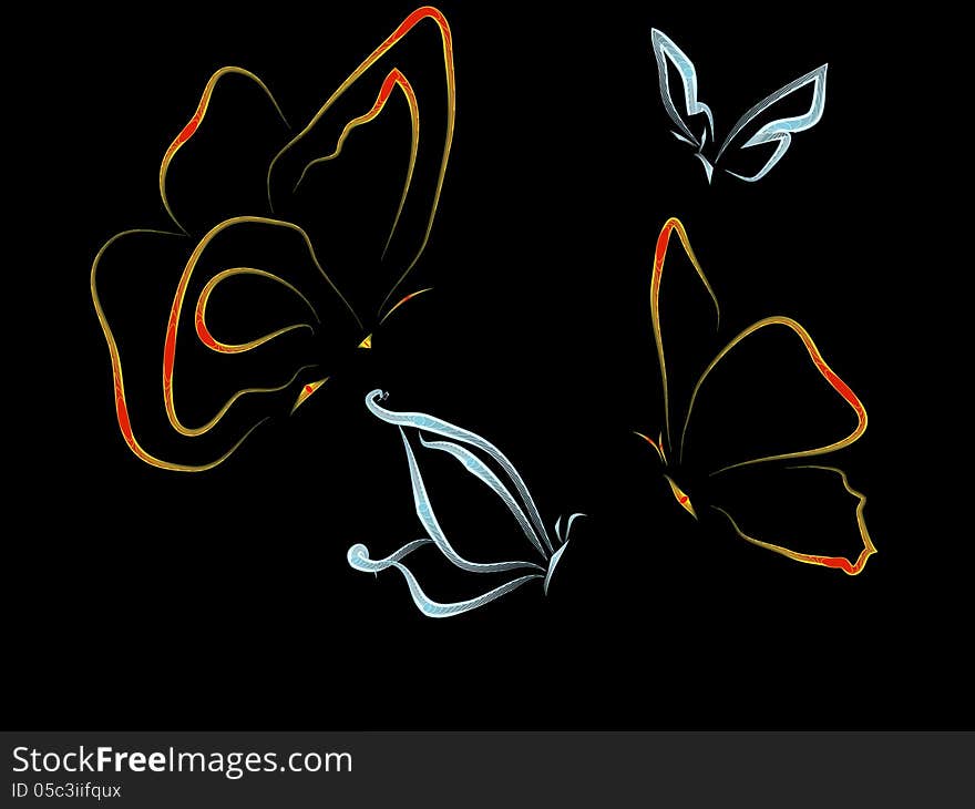 Multi-colored butterflies, black background, contour, gold and silver on the black