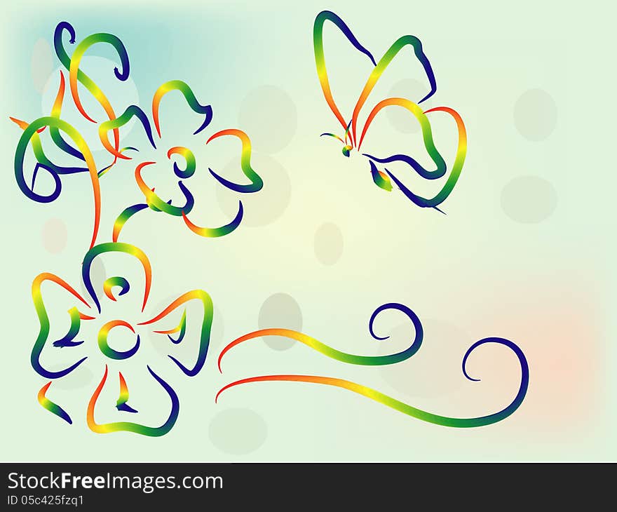 Iridescent flowers and butterfly, gentle green background, drawing brush. Iridescent flowers and butterfly, gentle green background, drawing brush