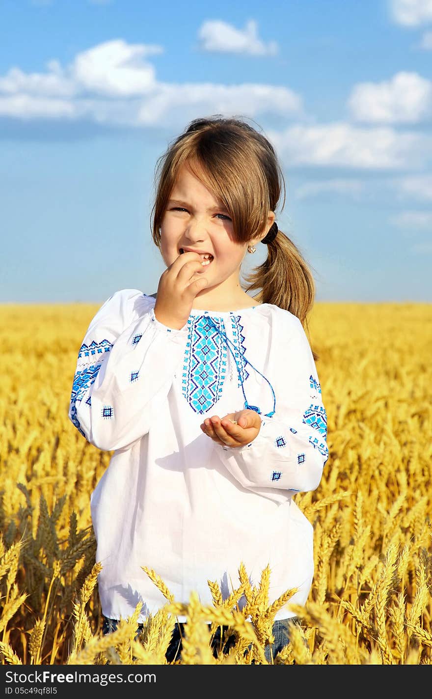 Small rural girl on wheat field