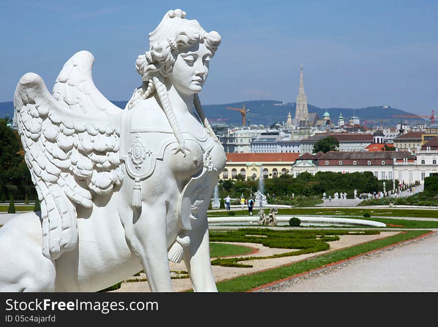 Sphinx statue and Belvedere garden in Vienna, Austria