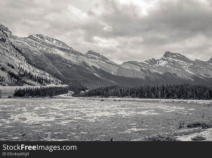 Black and white Canadian Rocky Mountain Road between Banff and Jasper