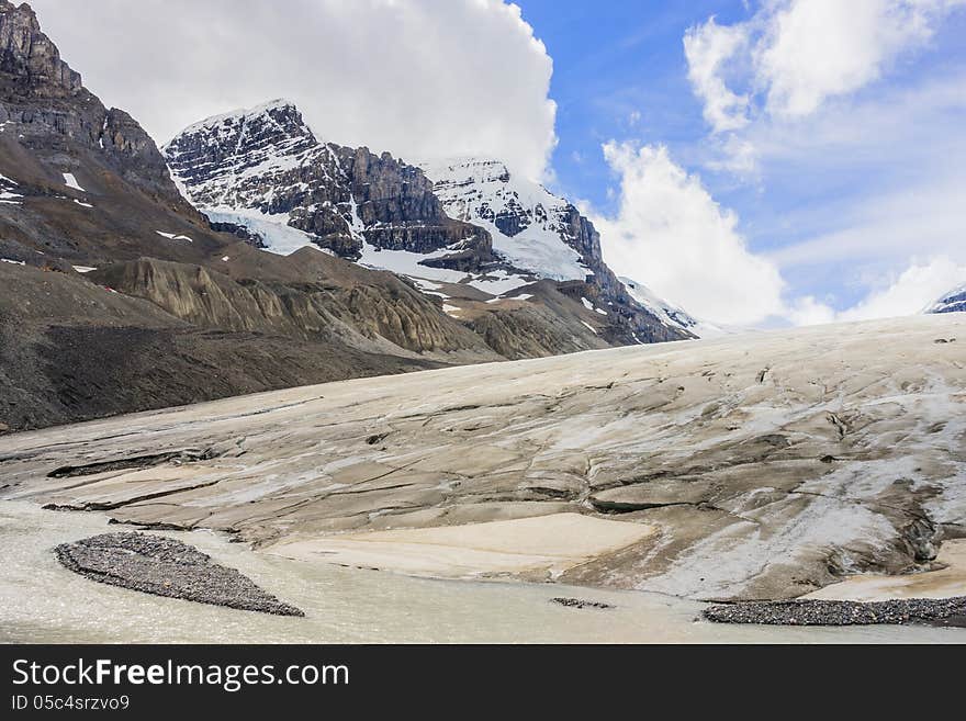 Lower part of the Athabasca Glacier park in the Canadian Rocky Mountains